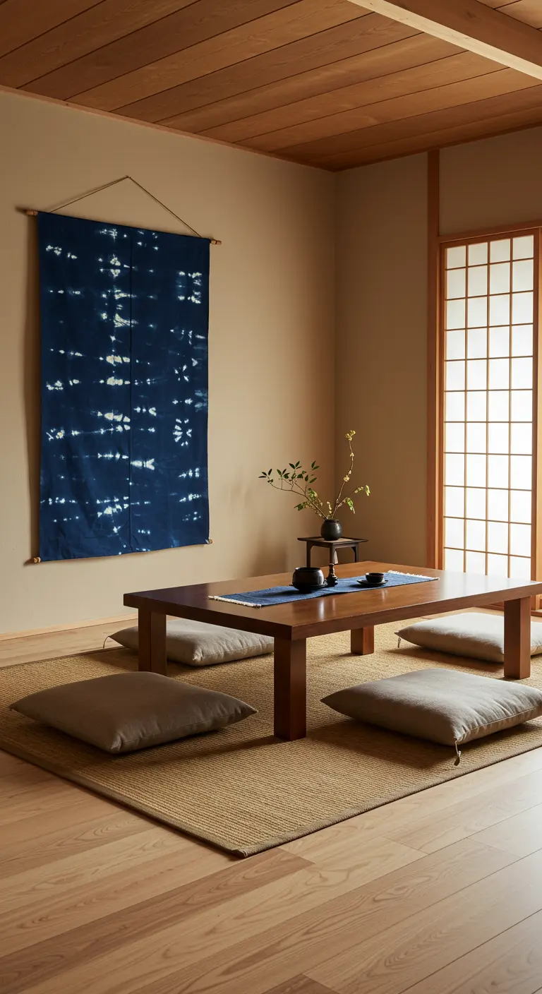 Japanse stijl eetruimte met indigo shibori wandkleed, lage tafel en vloerkussens.