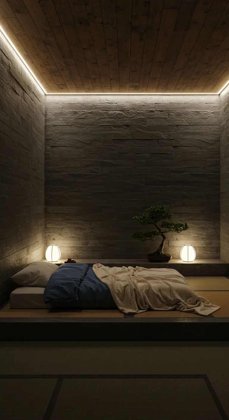 Minimalistische Japandi slaapkamer met donkere muren, laag bed en bonsai.