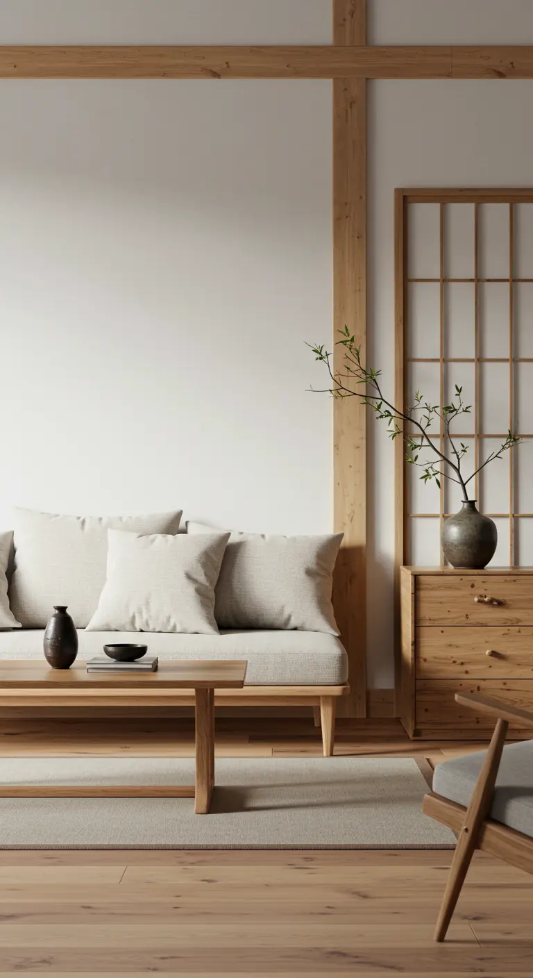 Japandi woonkamer met lichte houten meubels, minimalistische bank en tak in vaas.