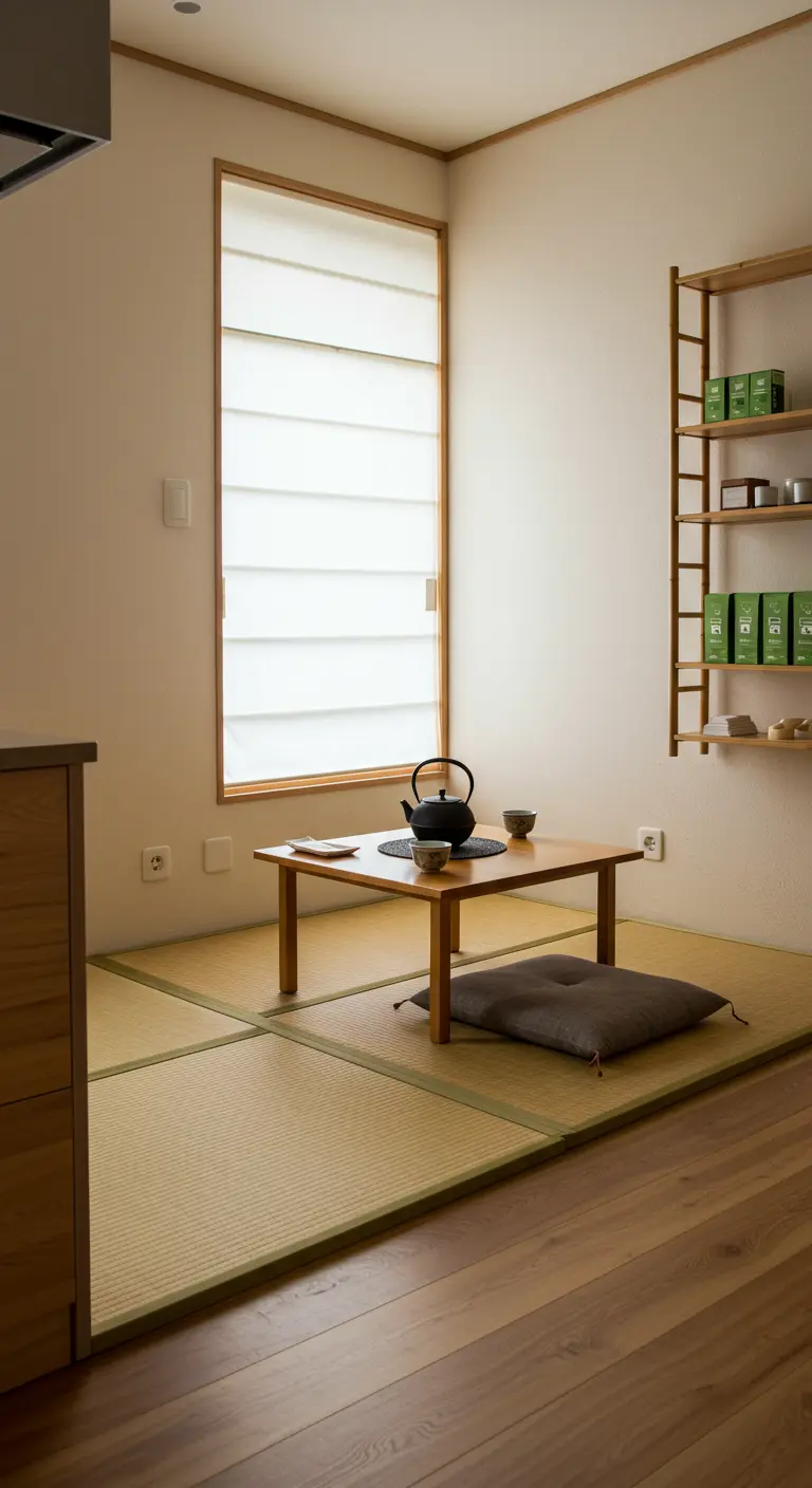 Japans theehoekje met lage tafel, zitkussens op tatami-matten en houten rek.