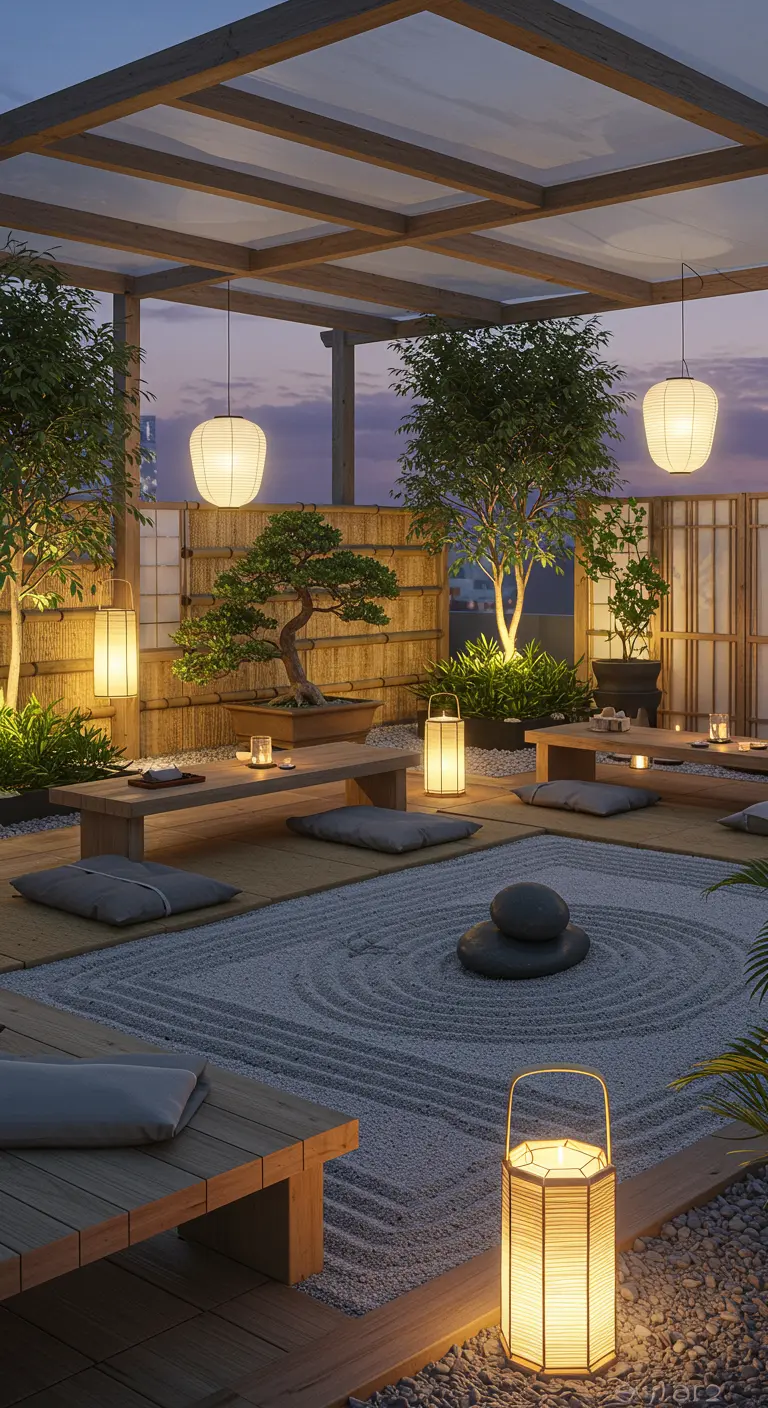 Japans zentuin dakterras met lage tafels, grind en papieren lantaarns.