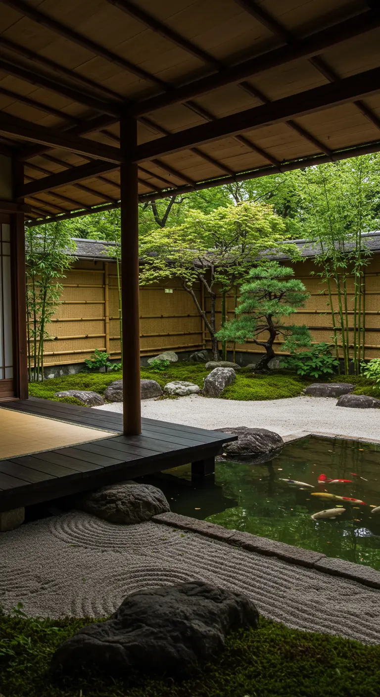 Serene Japanse tuin met houten veranda, vijver met koi en bonsaiboompjes.
