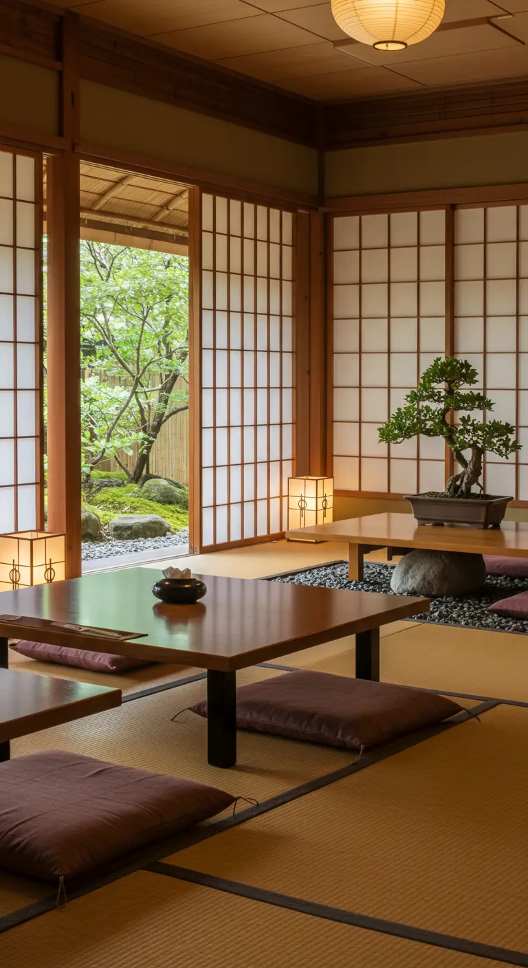 Japanse eetruimte met lage houten tafel, tatami matten, zitkussens en een bonsai.