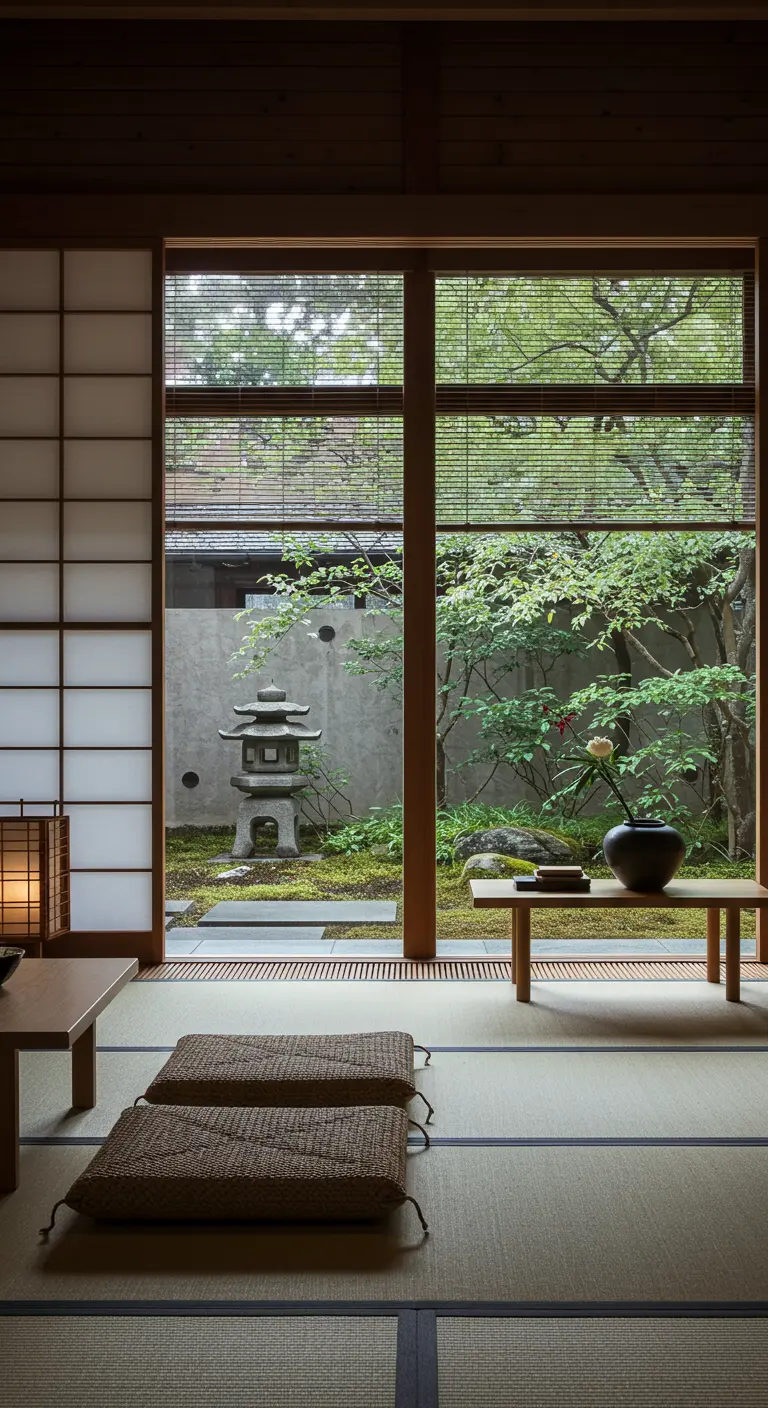 Lage Japanse zitkussens voor raam met uitzicht op serene Japanse tuin.