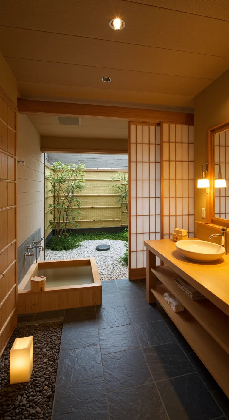 Japanse stijl badkamer met houten bad, schuifdeuren en uitzicht op een zentuin.