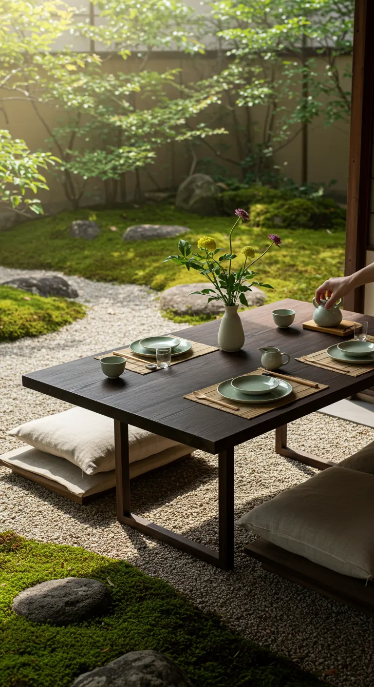 Lage Japanse tafelsetting in zentuin met kussens, bamboe placemats en minimalistisch bloemstuk.