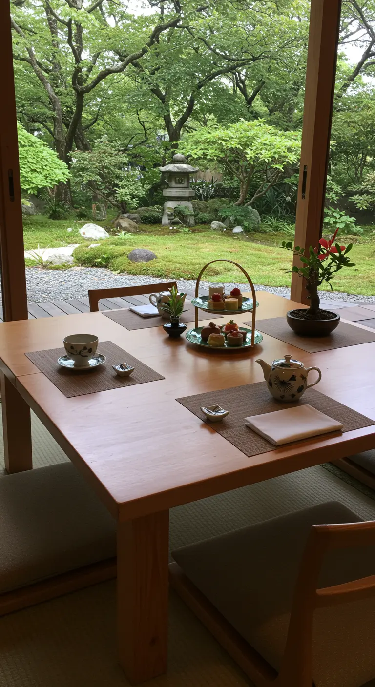 Minimalistische high tea op lage tafel met uitzicht op Japanse tuin, met bonsaiboompje.