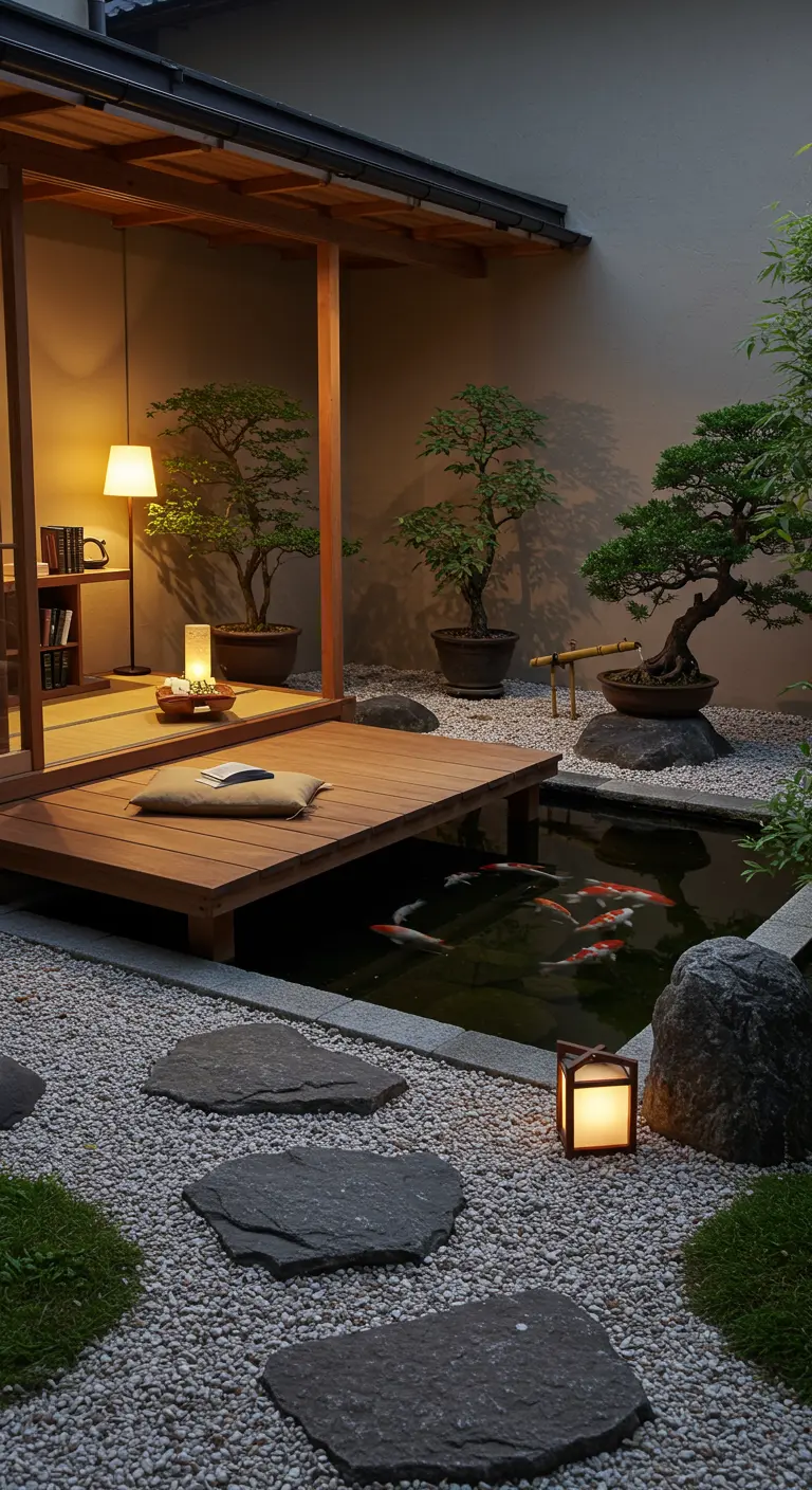 Japanse tuin met houten vlonder, bonsaiboompjes, stapstenen en een vijver.