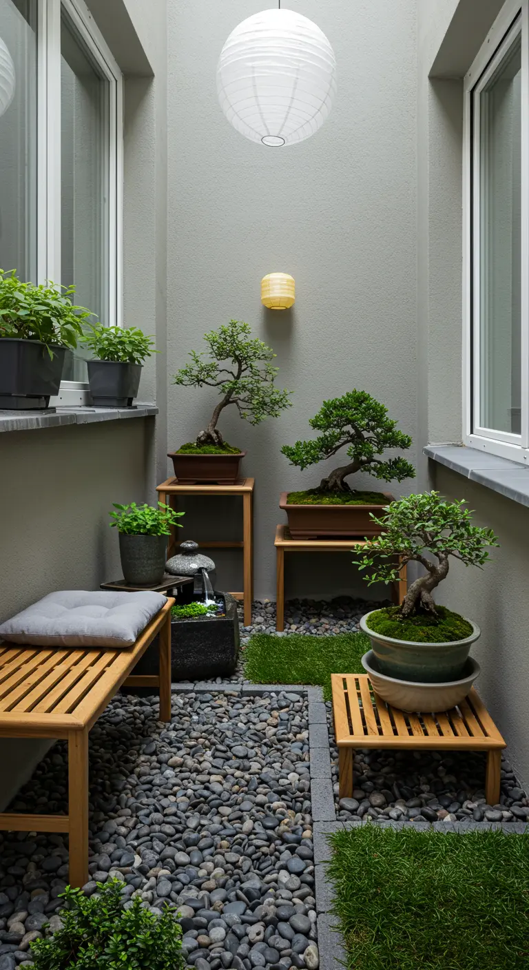 Kleine patio in Japanse stijl met bonsaibomen, kiezels, houten bankjes en lampion.