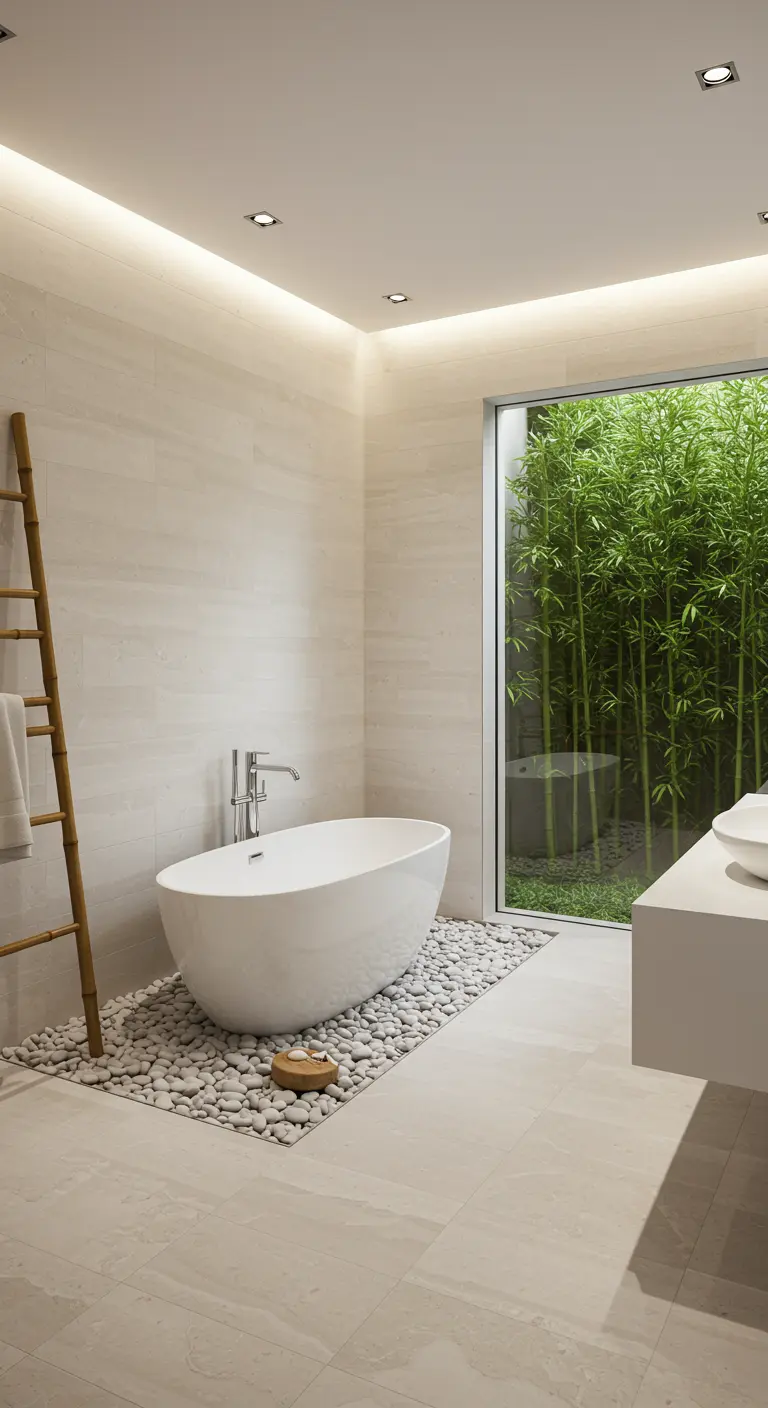 Witte badkamer met vrijstaand bad omringd door kiezels en bamboe ladder.