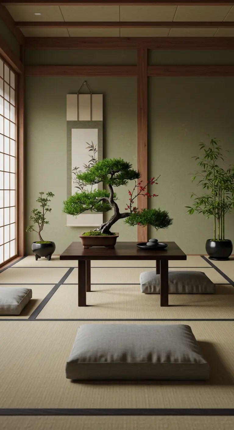 Minimalistische Japanse ruimte met bonsai boompje, bamboe en tatami matten.