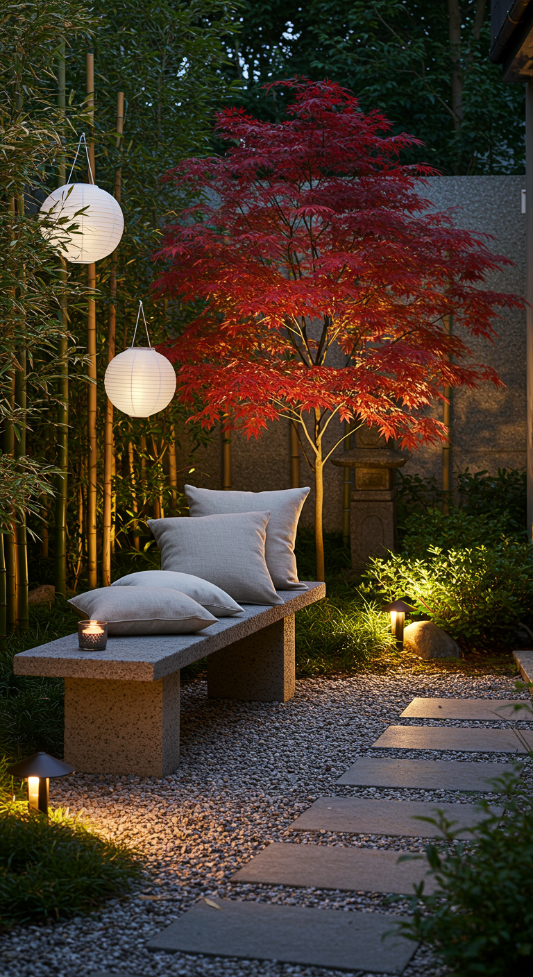 Japanse tuin met stenen bankje, papieren lantaarns en esdoorn.