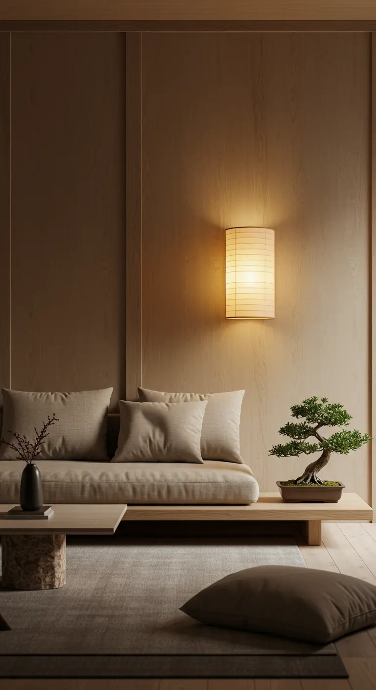 Japandi interieur met houten wandpanelen en een vierkante papieren wandlamp.
