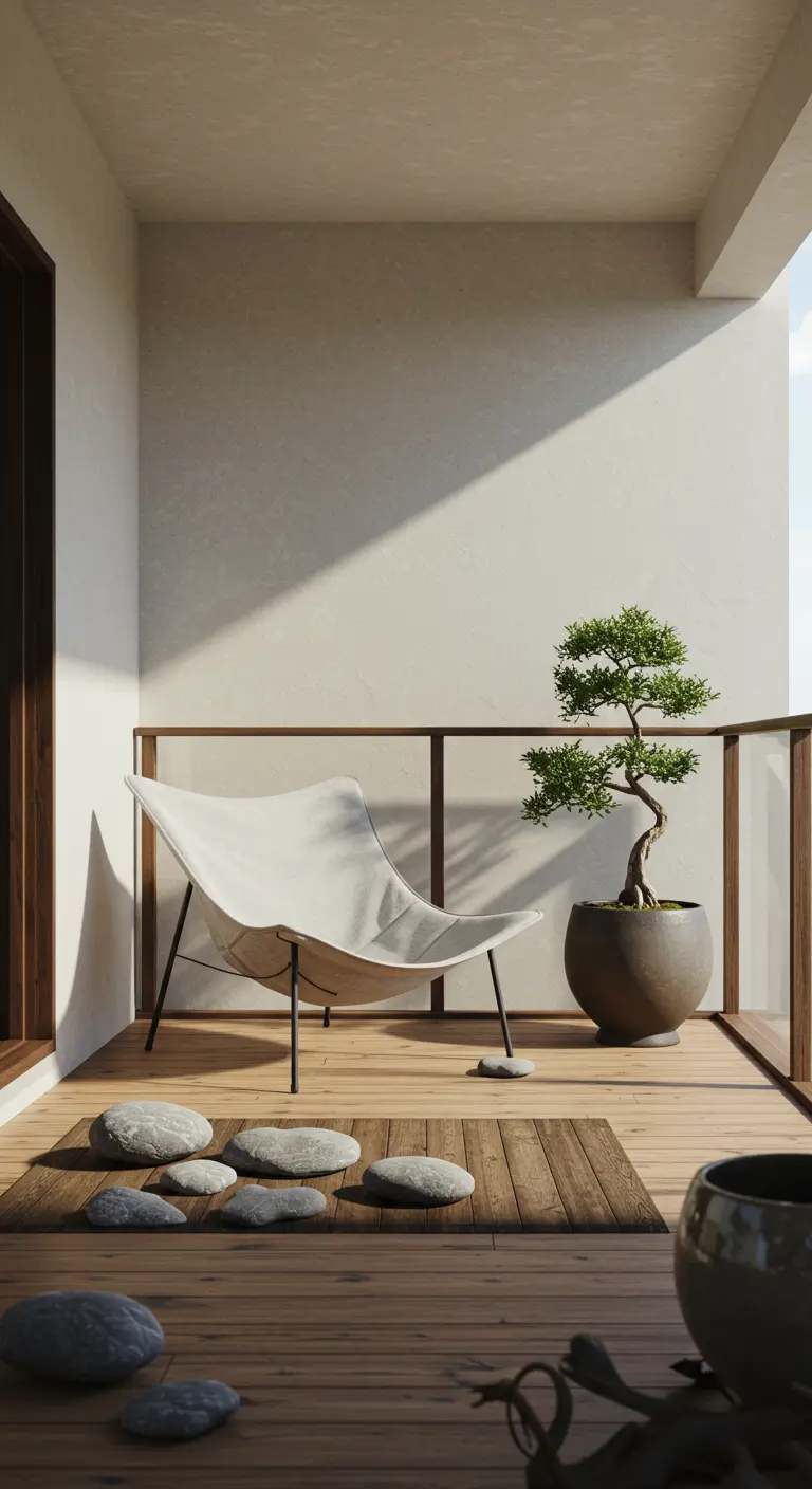 Sfeervol balkon 20 met minimalistische witte hangstoel en bonsai
