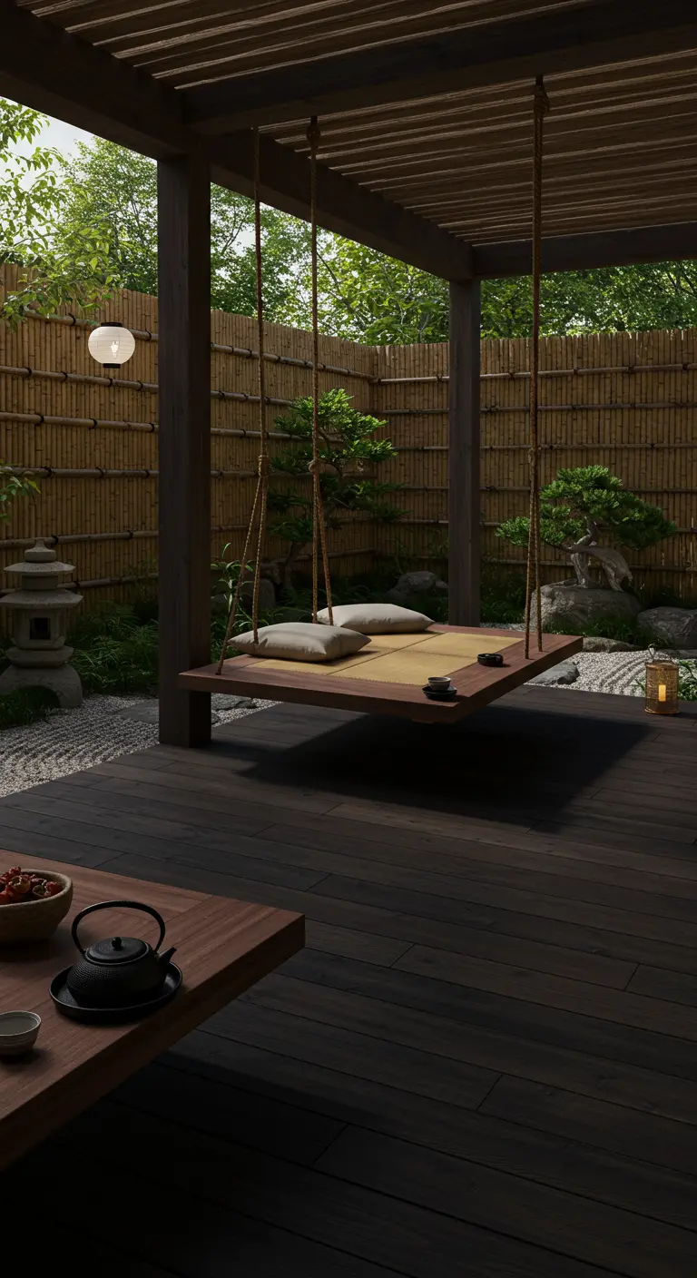 Minimalistisch houten schommelbed op een veranda met Japanse/Zen invloeden.