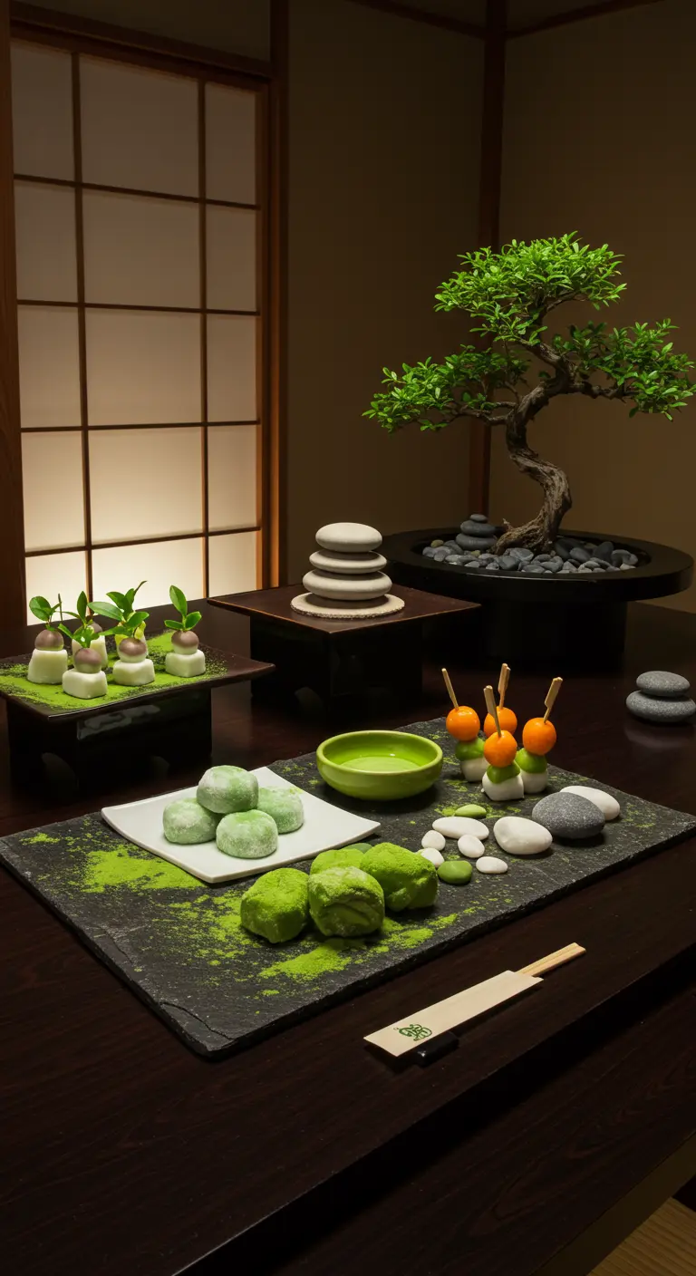 Japanse Zen desserttafel met matcha, bonsai, stenen en minimalistische styling.