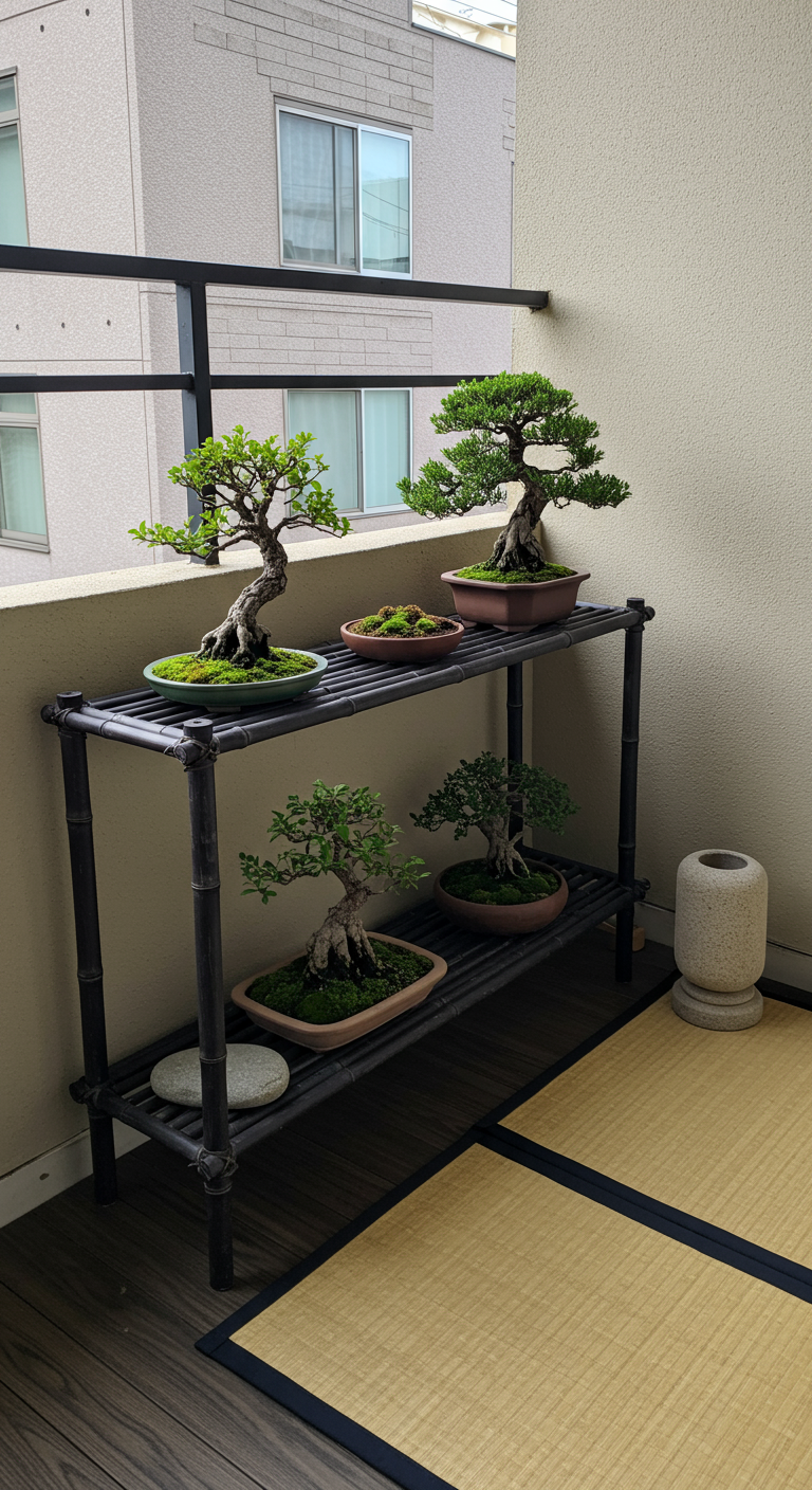 Strak zwart rek met vier bonsai boompjes op een balkon met tatami mat.