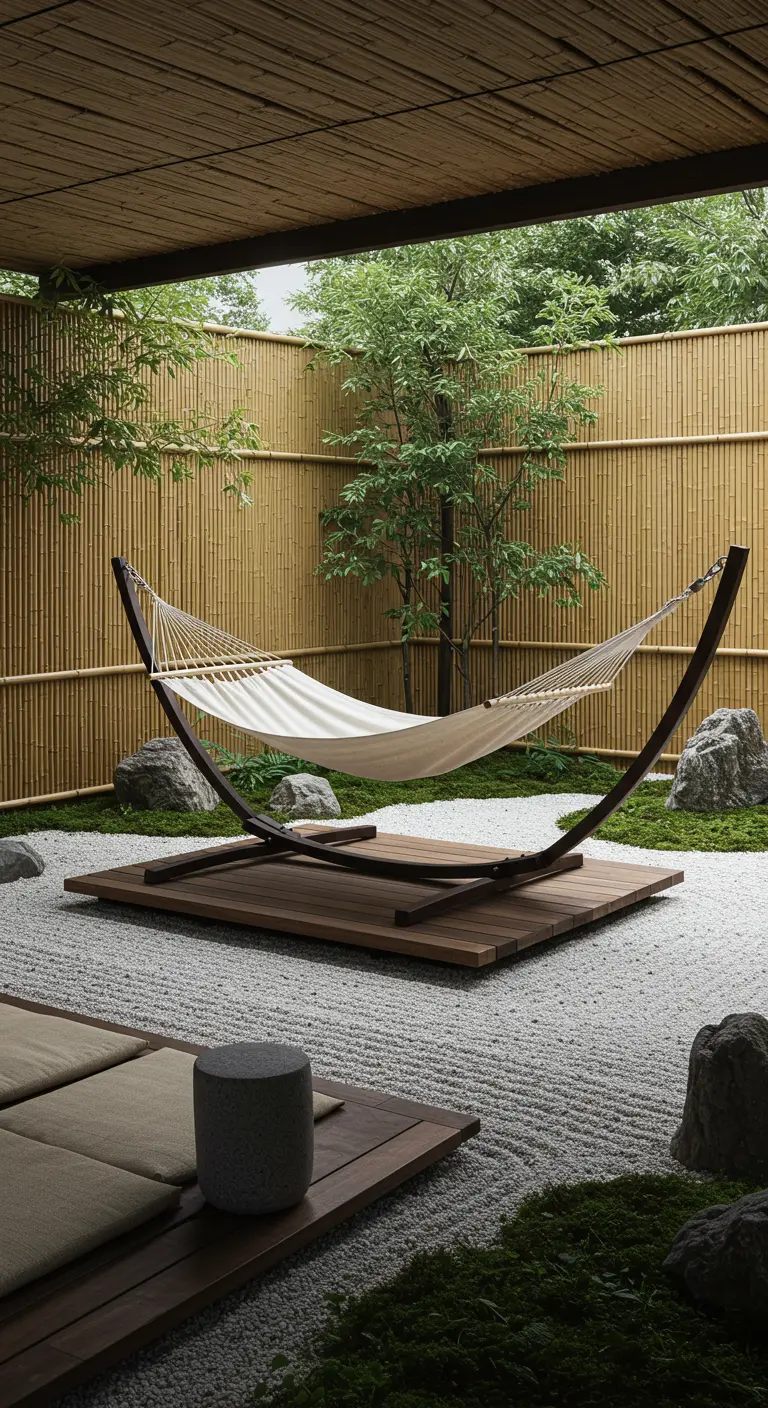 Minimalistische hangmat op standaard in een Japanse zentuin met grind en bamboe.