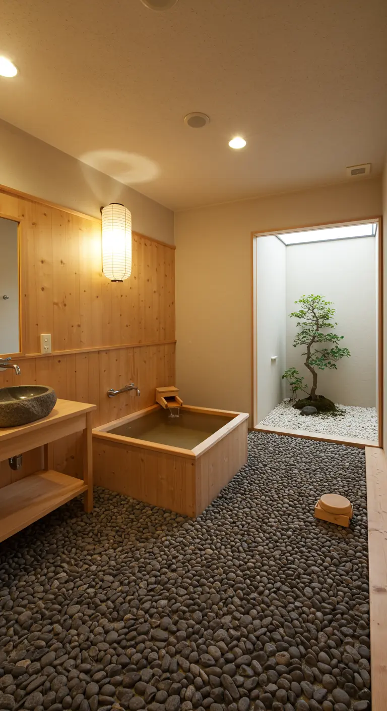 Japanse stijl badkamer met een vloer van grijze rivierkiezels.