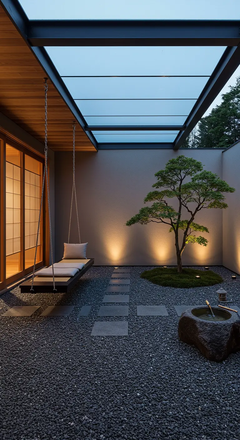 Minimalistisch hangend daybed onder deels glazen overkapping in Japanse tuin met bonsai.
