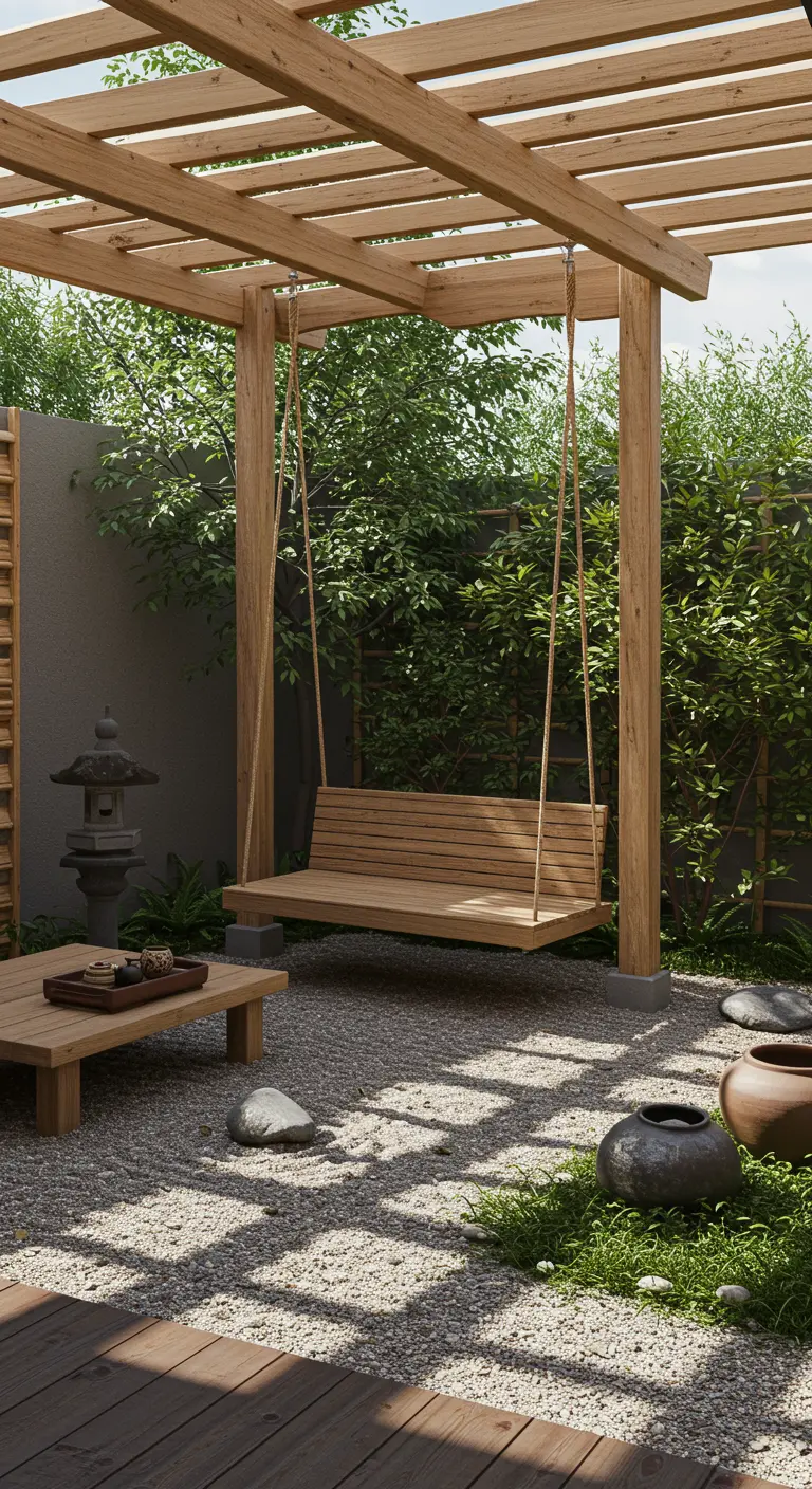 Houten schommelbank in Japanse zen-tuin met grind, lage tafel en groene beplanting onder pergola.