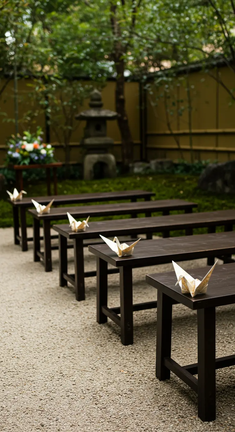 Donkere houten bankjes in een Japanse tuin, elk met een witte origami kraanvogel erop.