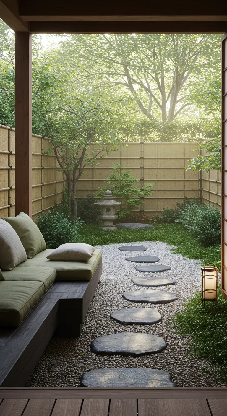 Japanse tuin met houten bank en lichte kussens, grindpad en bamboe schutting.