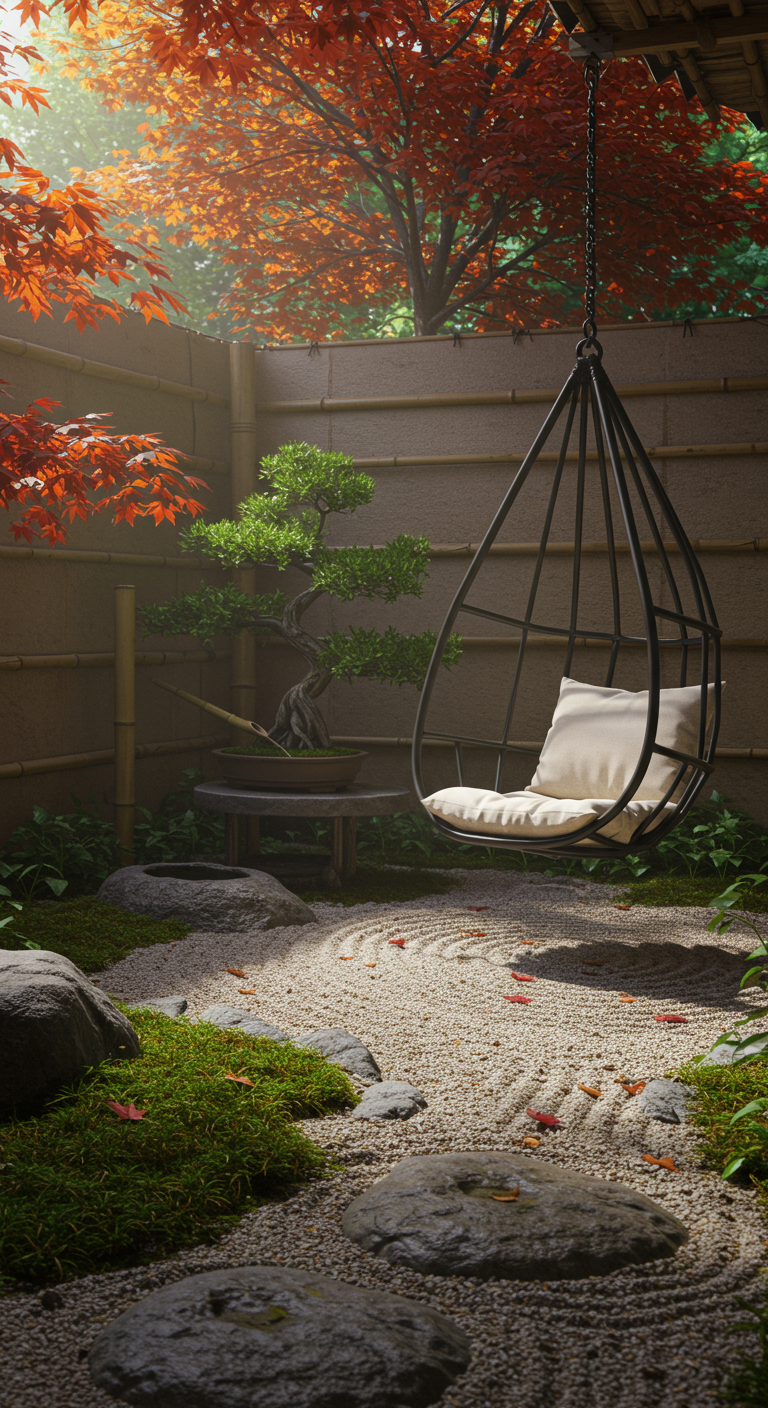 Zwarte metalen hangstoel in Japanse tuin met esdoorn en bonsai.