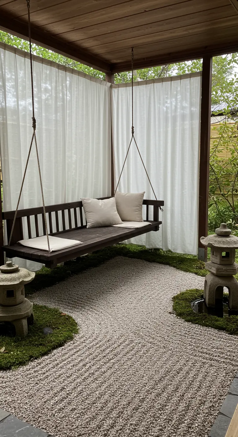 Houten schommelbank in Japanse tuin met witte gordijnen en grindpad.