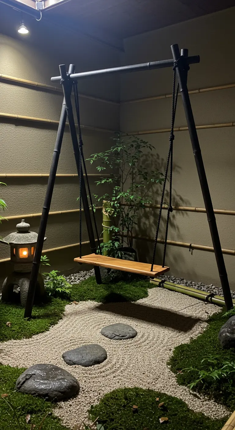 Eenvoudige houten schommel in een Japanse zentuin met bamboe, mos en een stenen lantaarn.