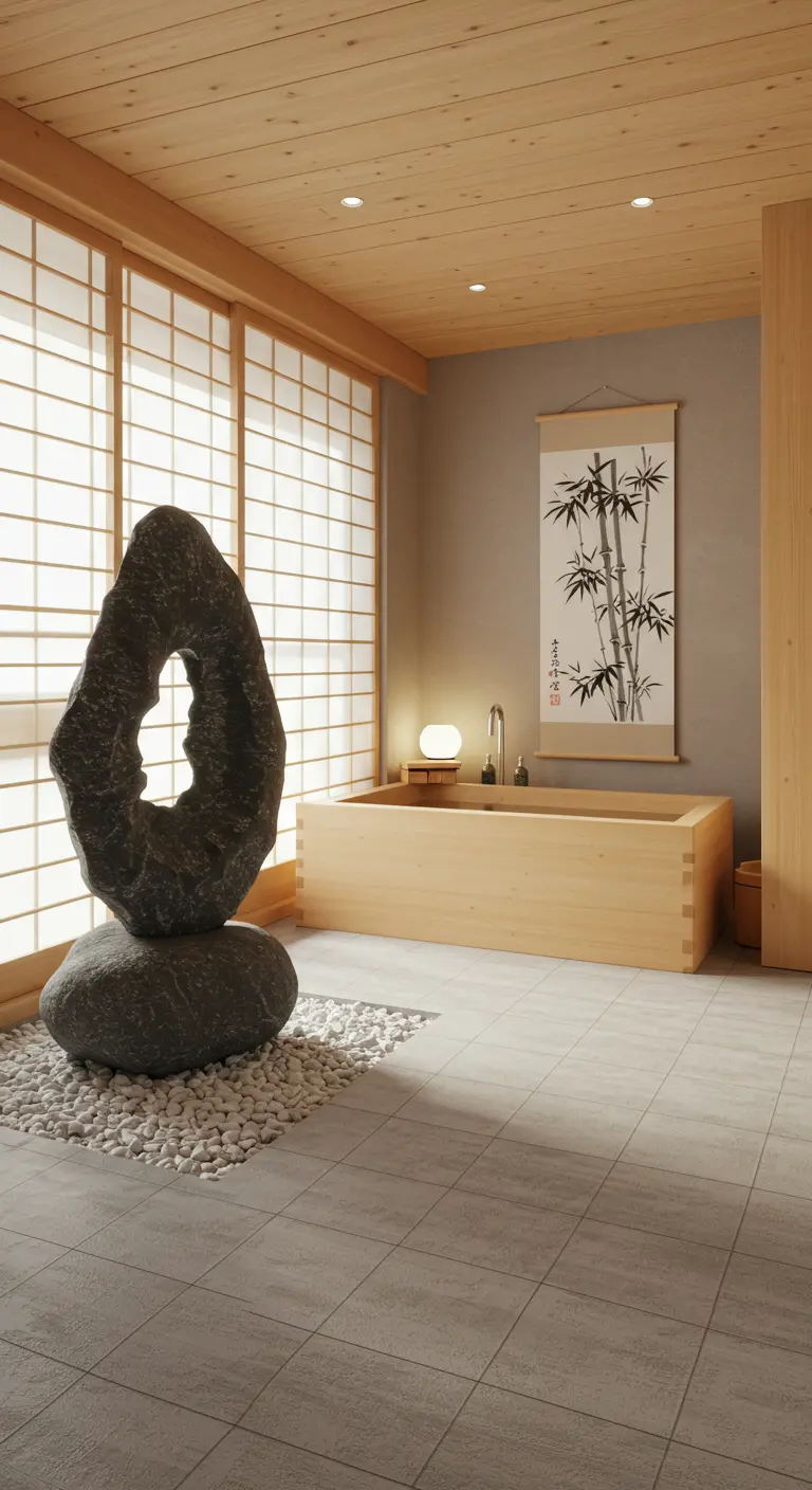 Japanse stijl badkamer met houten bad, stenen sculptuur en een bamboe schildering op een rol.