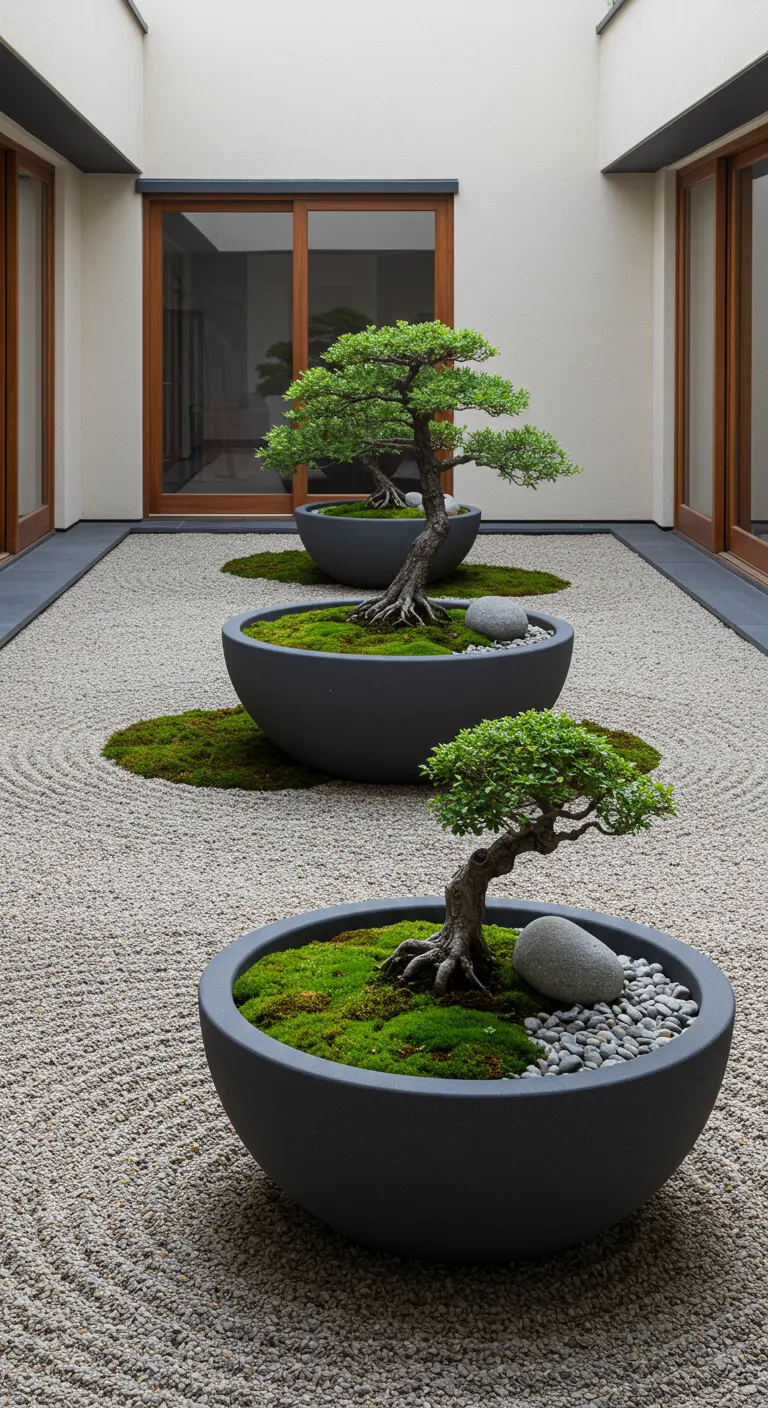 Lage, ronde, donkergrijze plantenbakken met bonsaiboompjes en mos in een serene grindtuin.