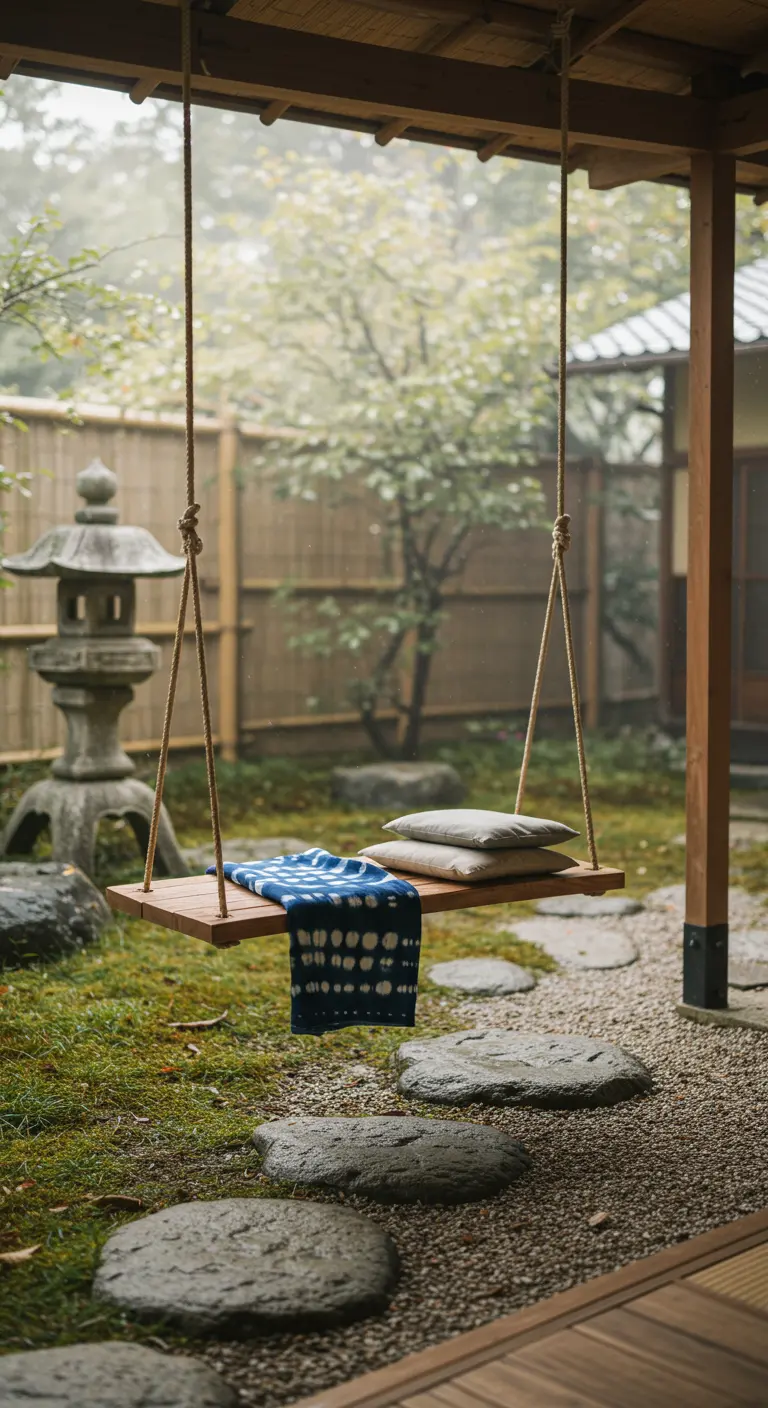 Houten plank schommel met indigo tie-dye doek en lichte kussens in een Japanse tuin.