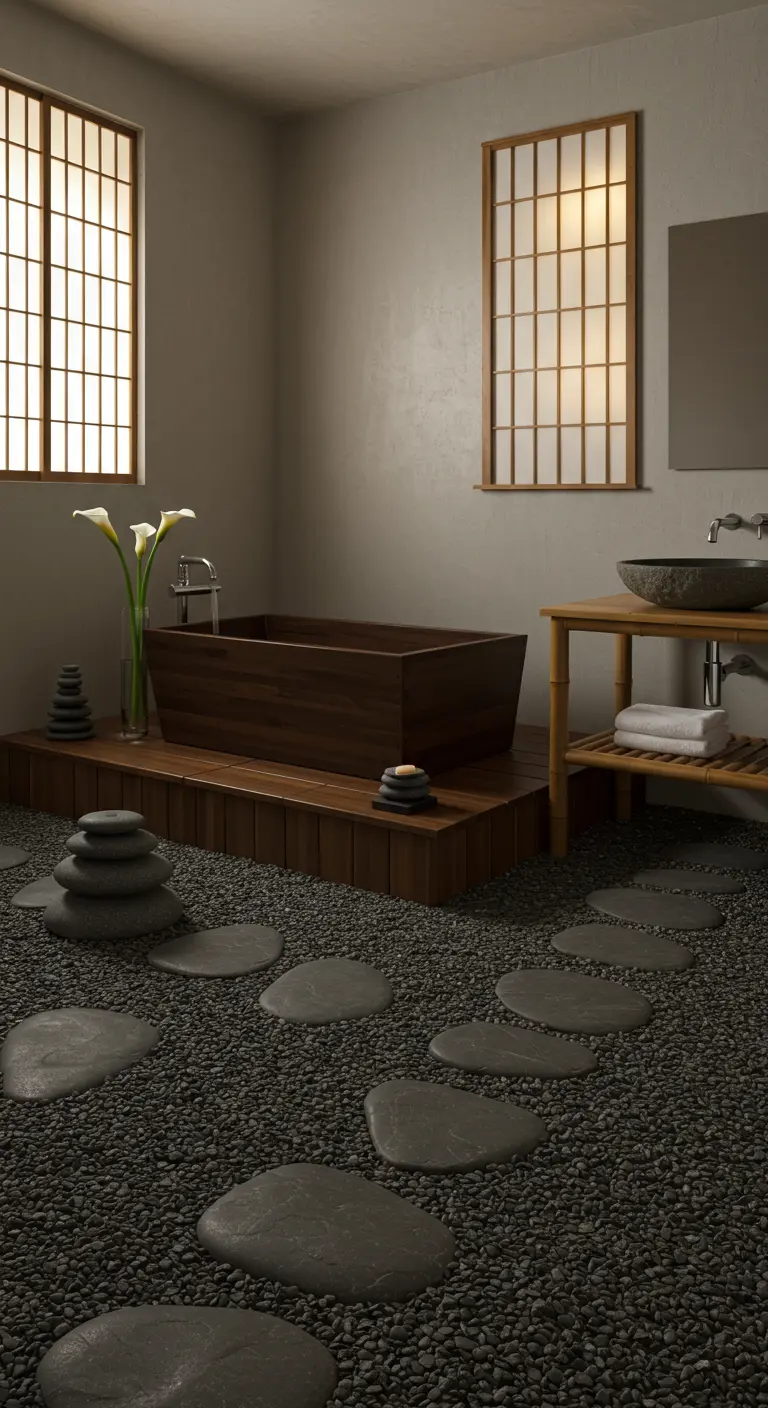 Japanse stijl badkamer met donkere kiezelvloer, stapstenen en houten bad.