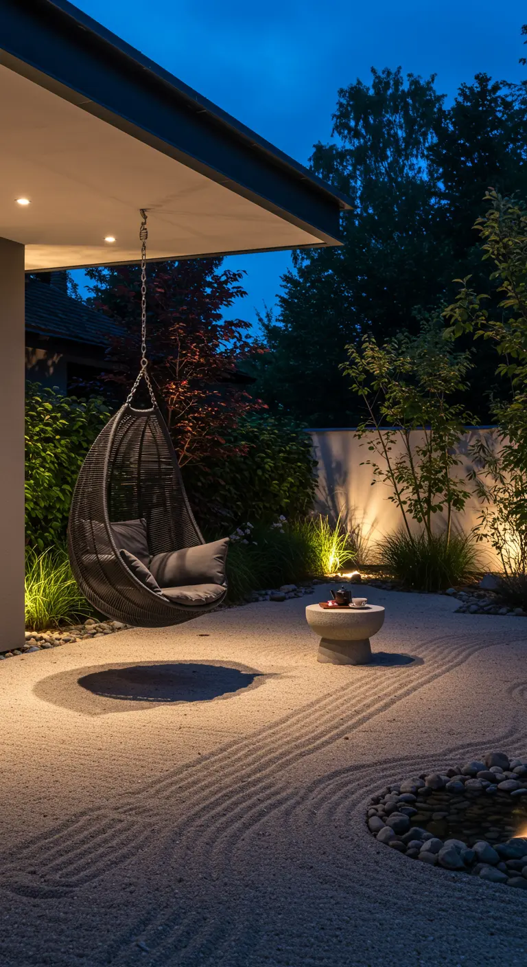 Donkere eivormige hangstoel in minimalistische zentuin met grind en spotverlichting.
