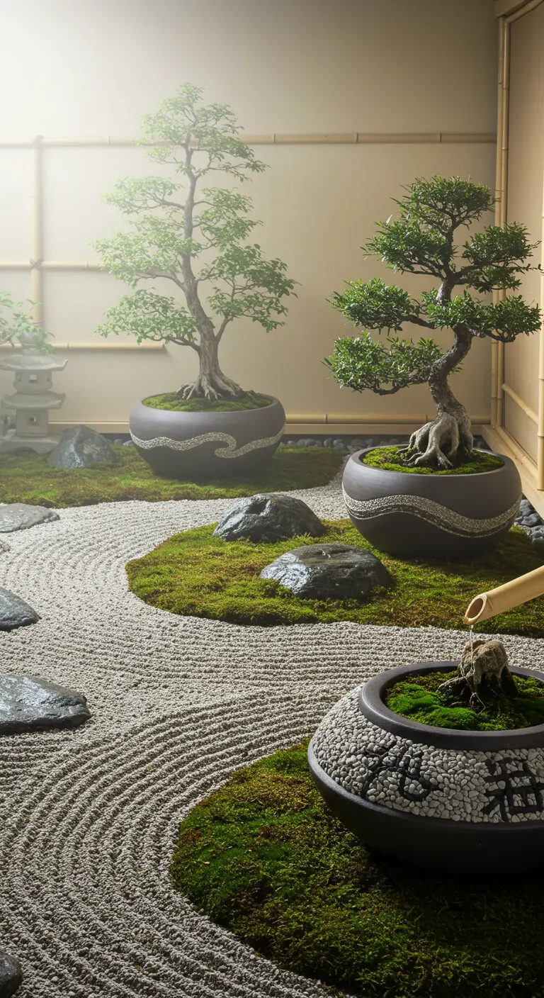 Bonsaibomen in donkere potten met subtiel grijs mozaïek in een Japanse zentuin.