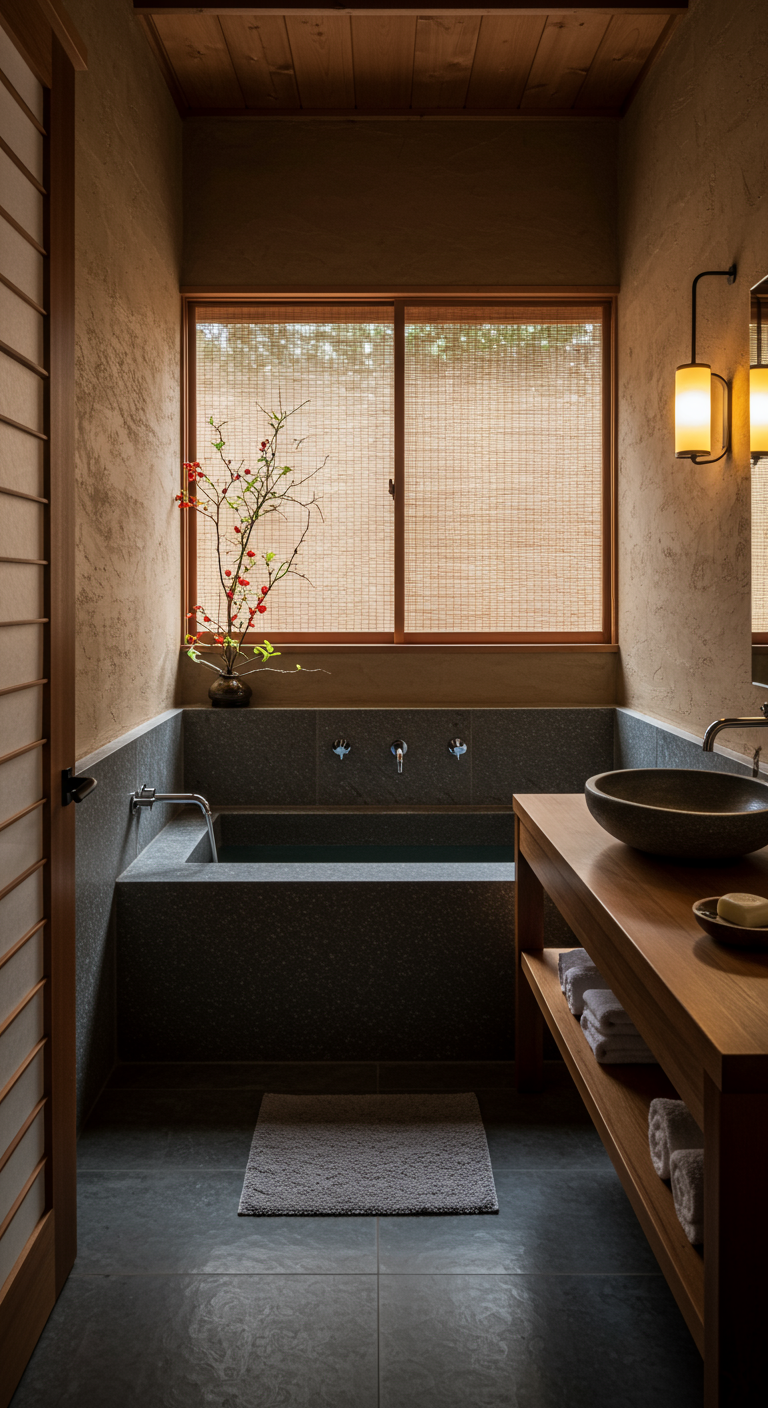 Donkere Japanse badkamer met stenen bad, houten meubel en bamboe rolgordijn.