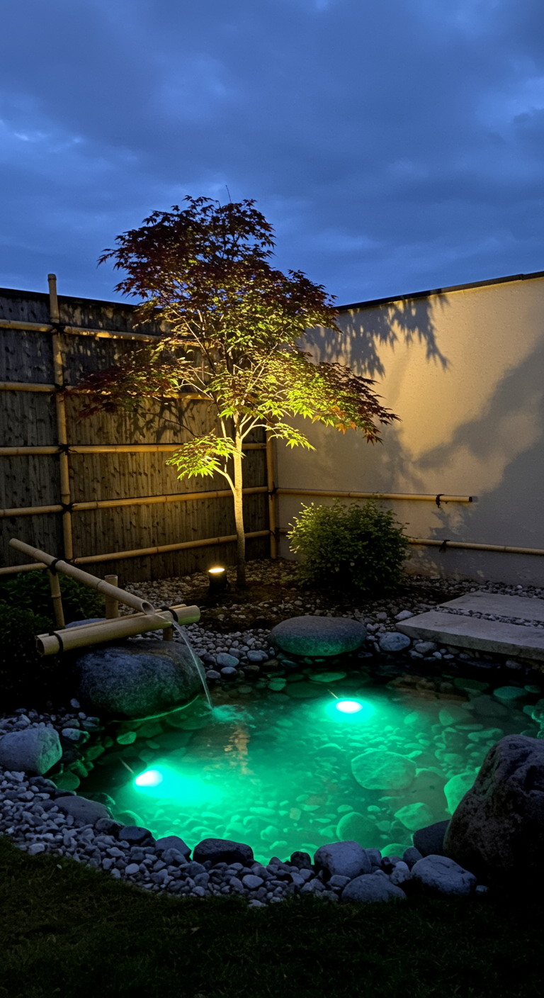 Japanse tuin met verlichte vijver en een aangelichte esdoorn.