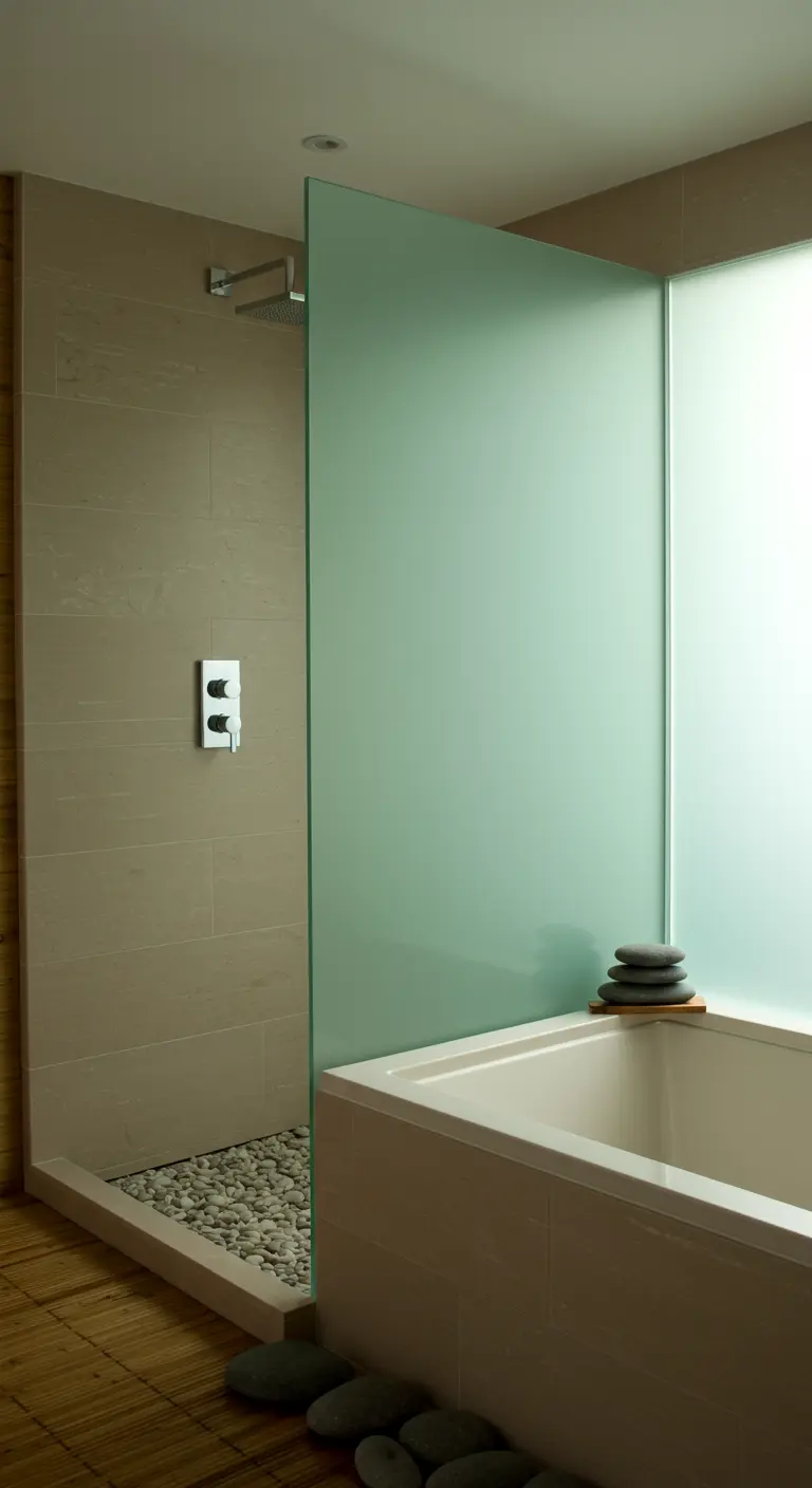 Zen-badkamer met een gemêleerd matgroene glazen douchewand en natuurlijke materialen.
