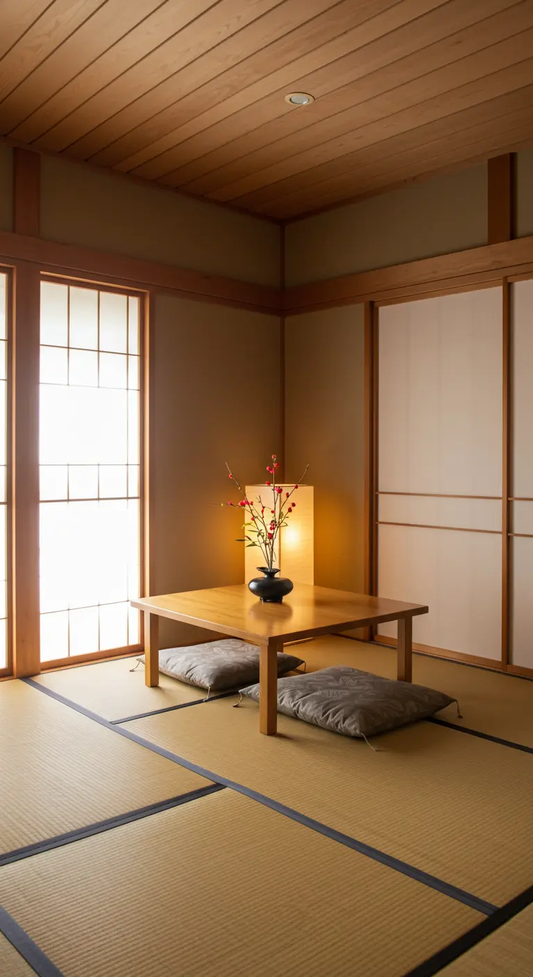 Japanse minimalistische hoek met lage houten tafel, vloerkussens op tatami matten en shoji deuren.