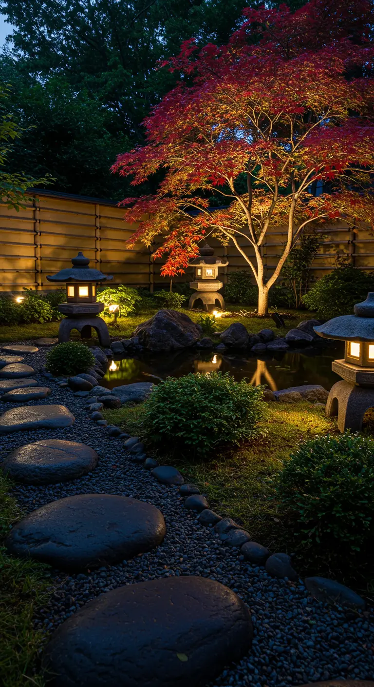 Japanse tuin 's avonds met stenen lantaarns en een verlichte esdoorn bij een vijver.