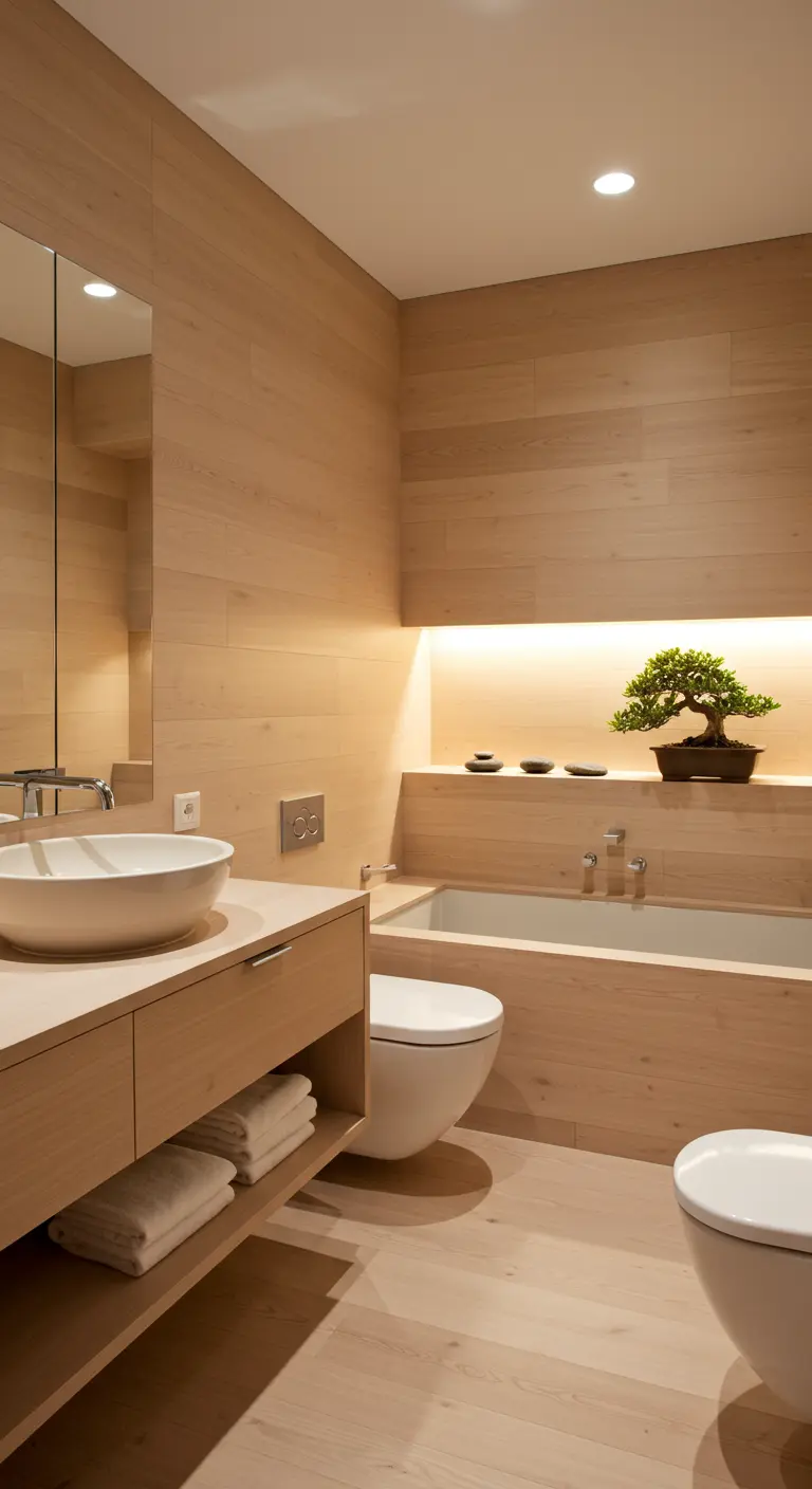 Moderne, licht houten badkamer met minimalistische nis en bonsaiboom.