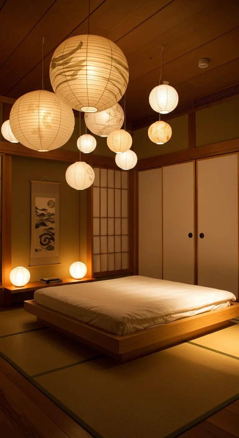 Slaapkamer in Japanse stijl met een cluster van ronde, crèmekleurige papieren lampionnen boven het bed.
