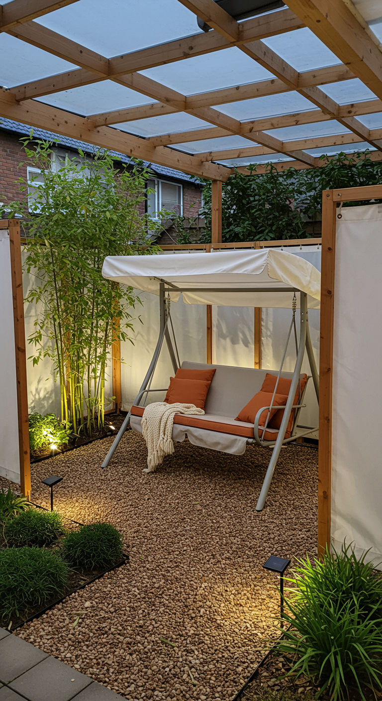 Witte schommelbank onder pergola met winddoeken, bamboe en grind in een serene tuinsetting.
