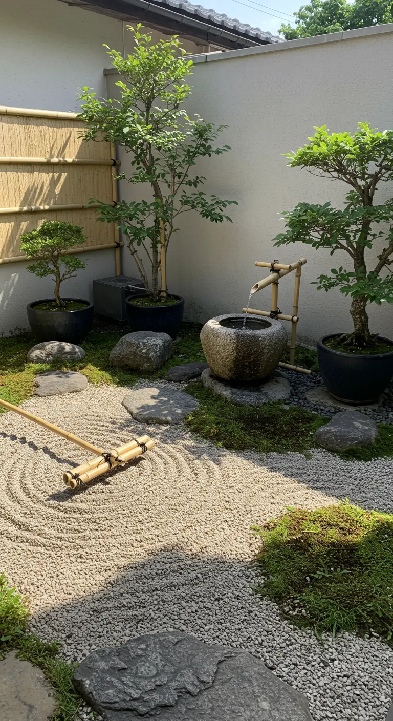 Kleine Japanse zentuin met geharkt grind, stenen en bonsaiboompjes.