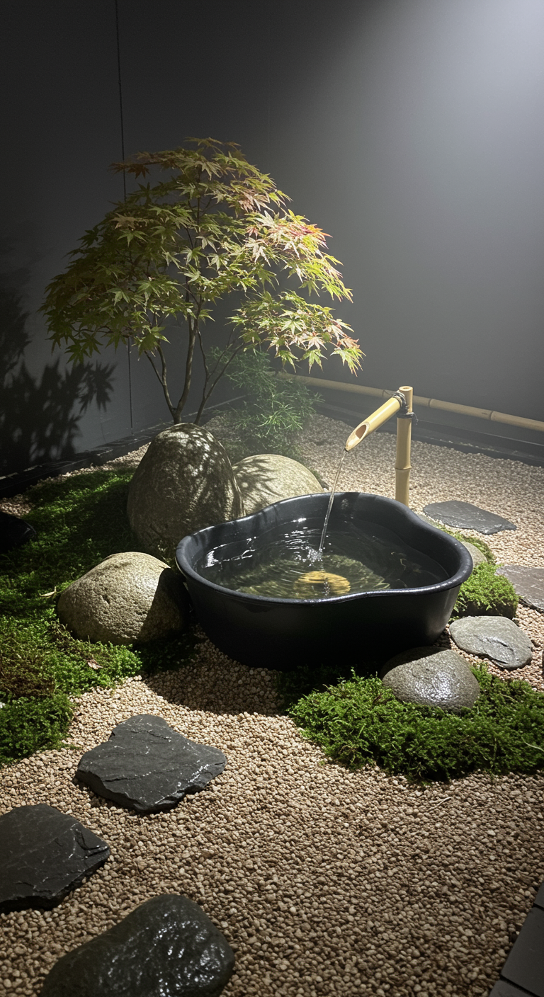 Japanse stijl minivijver in een zwarte schaal met bamboe fontein, mos en stenen.