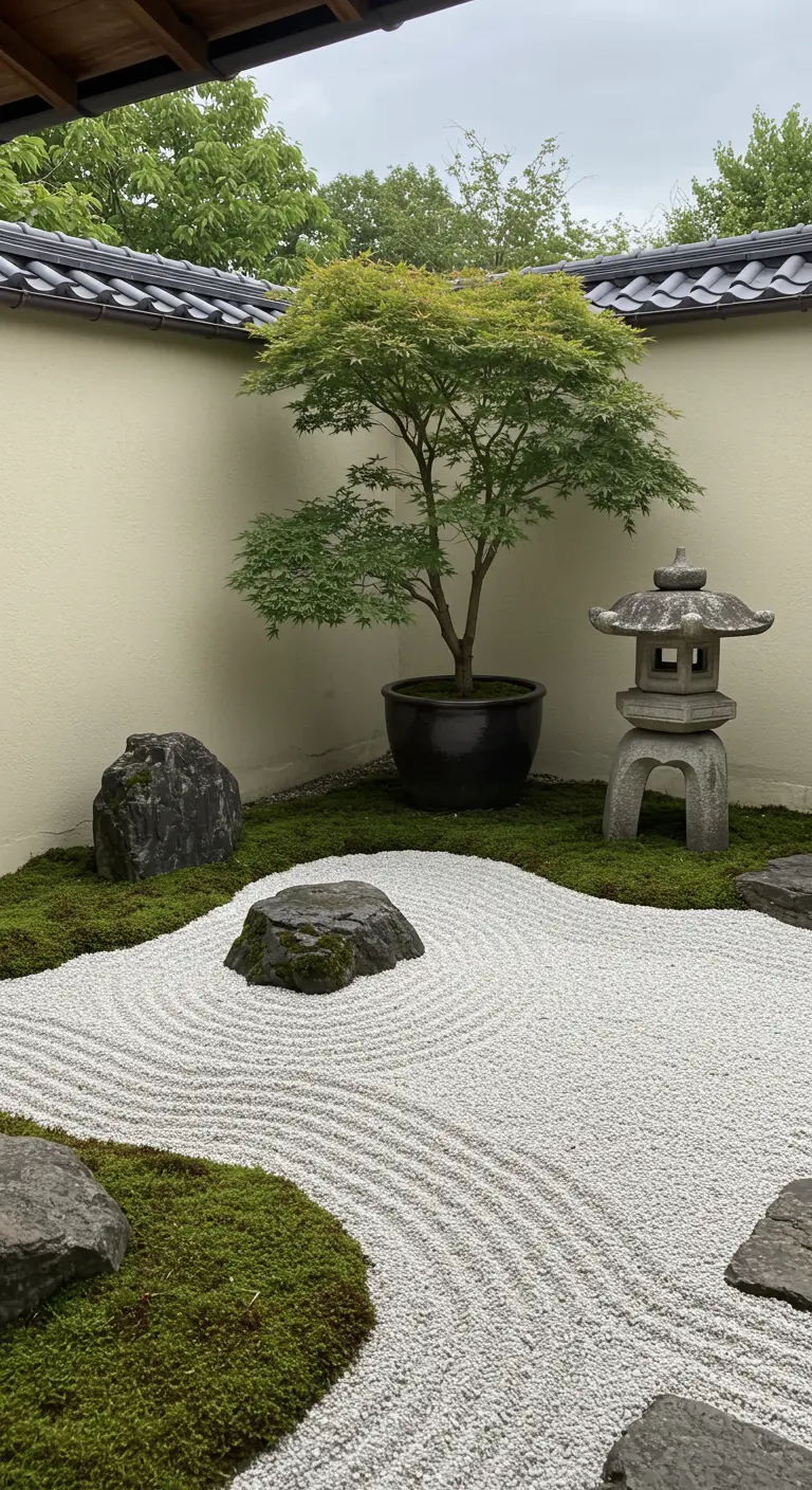 Japanse zentuin met geharkt wit grind, mos, grote stenen en een Japanse esdoorn in pot.