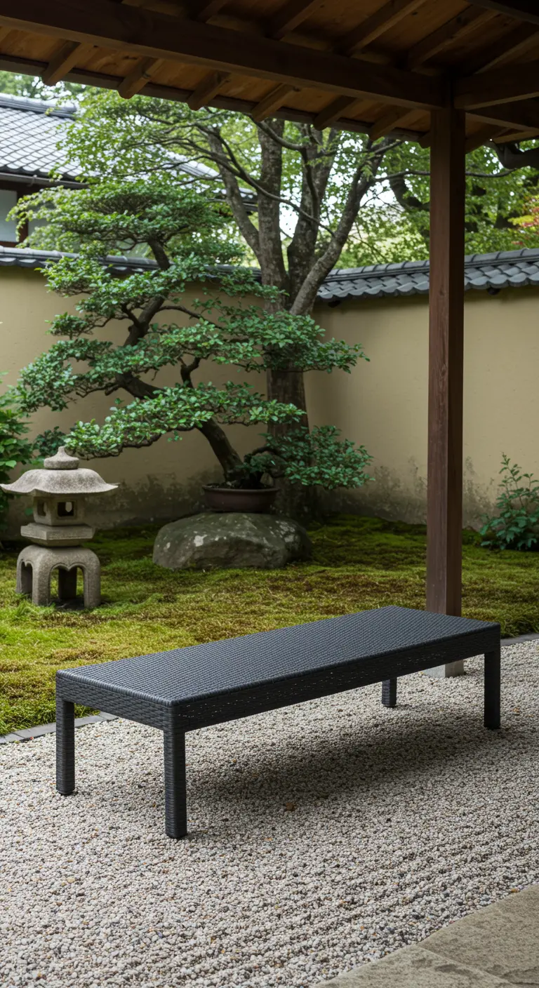 Strak donker polyrotan bankje in een serene Japanse tuin met grind en bonsai.
