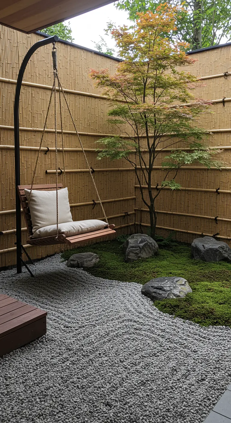Houten hangstoel in Japanse tuin met bamboe schutting en grind.