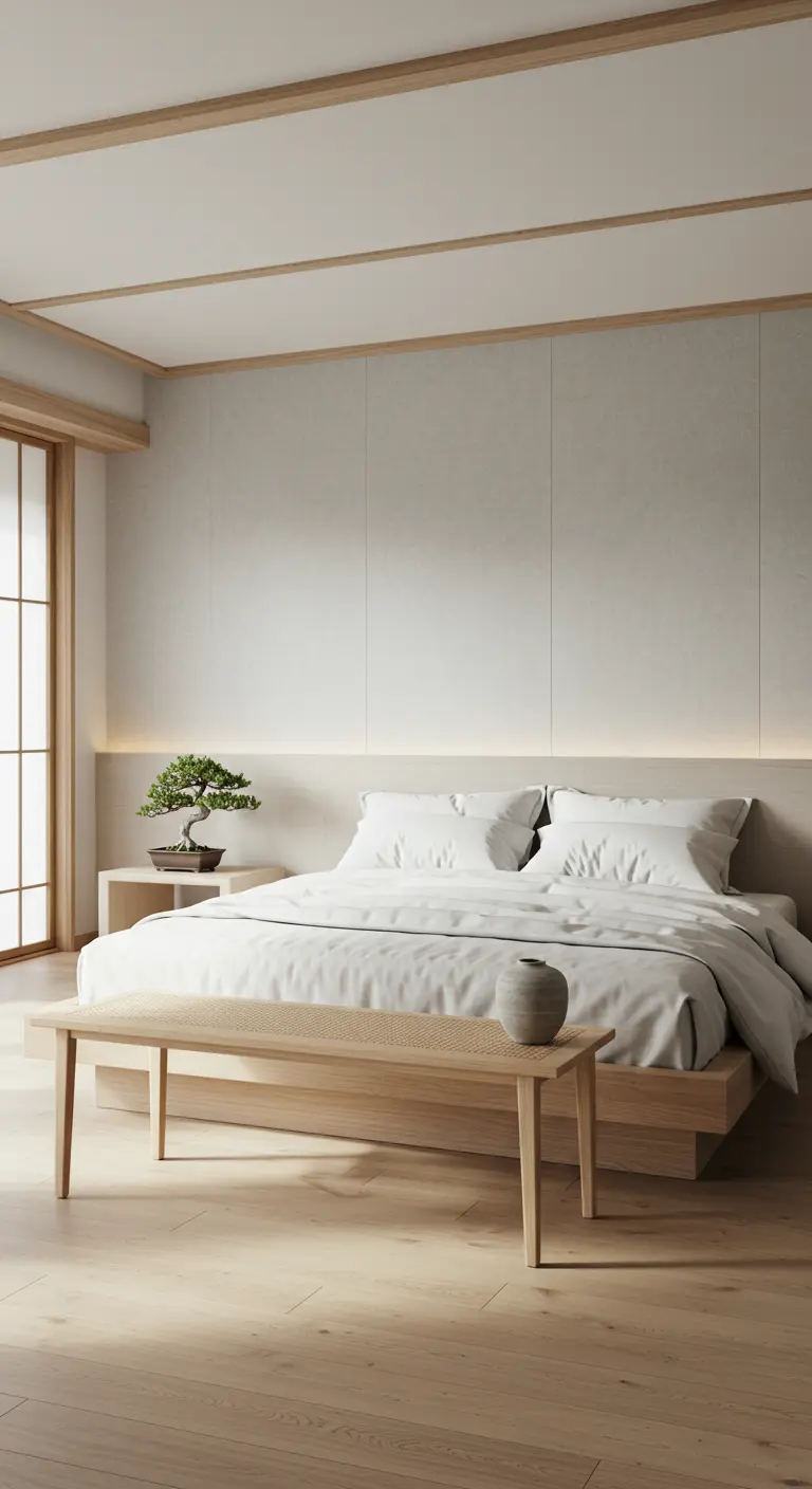 Minimalistische slaapkamer met licht houten bed en bankje met vaas aan voeteneind.